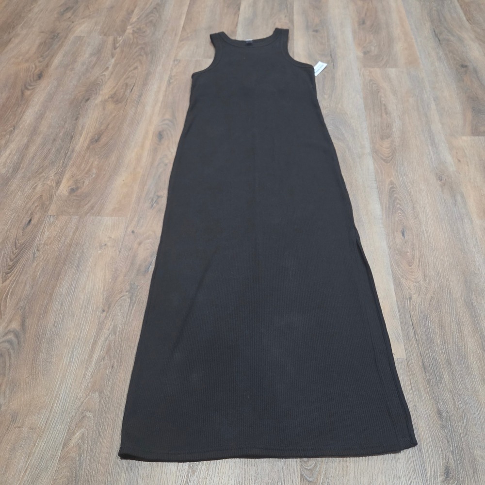 Old Navy Womens Large Black Ribbed Sleeveless Maxi Dress Side Slit Shelf Bra